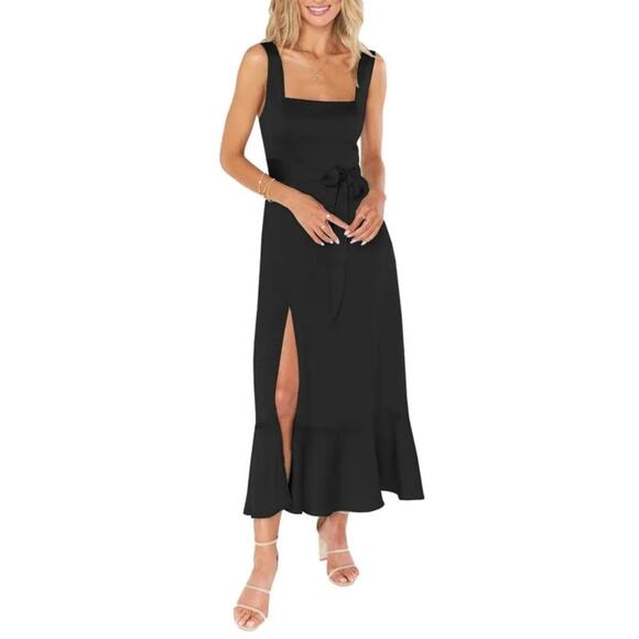 SHOW ME YOUR MUMU Women’s Black Satin Midi Slit Dress Small - Picture 1 of 6